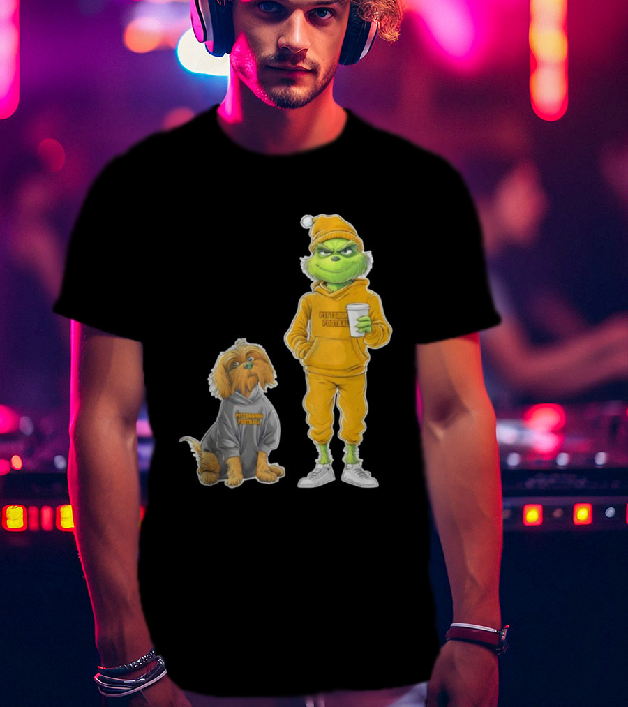 Pittsburgh Football Green Monster Grinch And Dog Christmas T-Shirt
