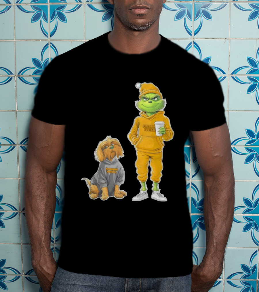 Pittsburgh Football Green Monster Grinch And Dog Christmas T-Shirt