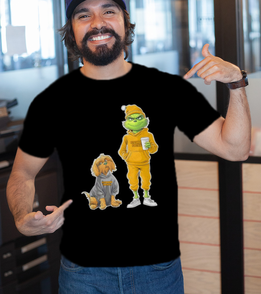 Pittsburgh Football Green Monster Grinch And Dog Christmas T-Shirt