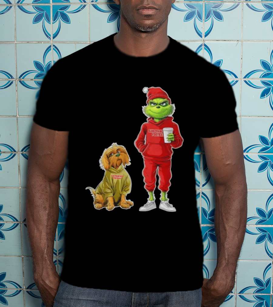 San Francisco Football Grinch And Dog Christmas 49ers Holiday T-Shirt