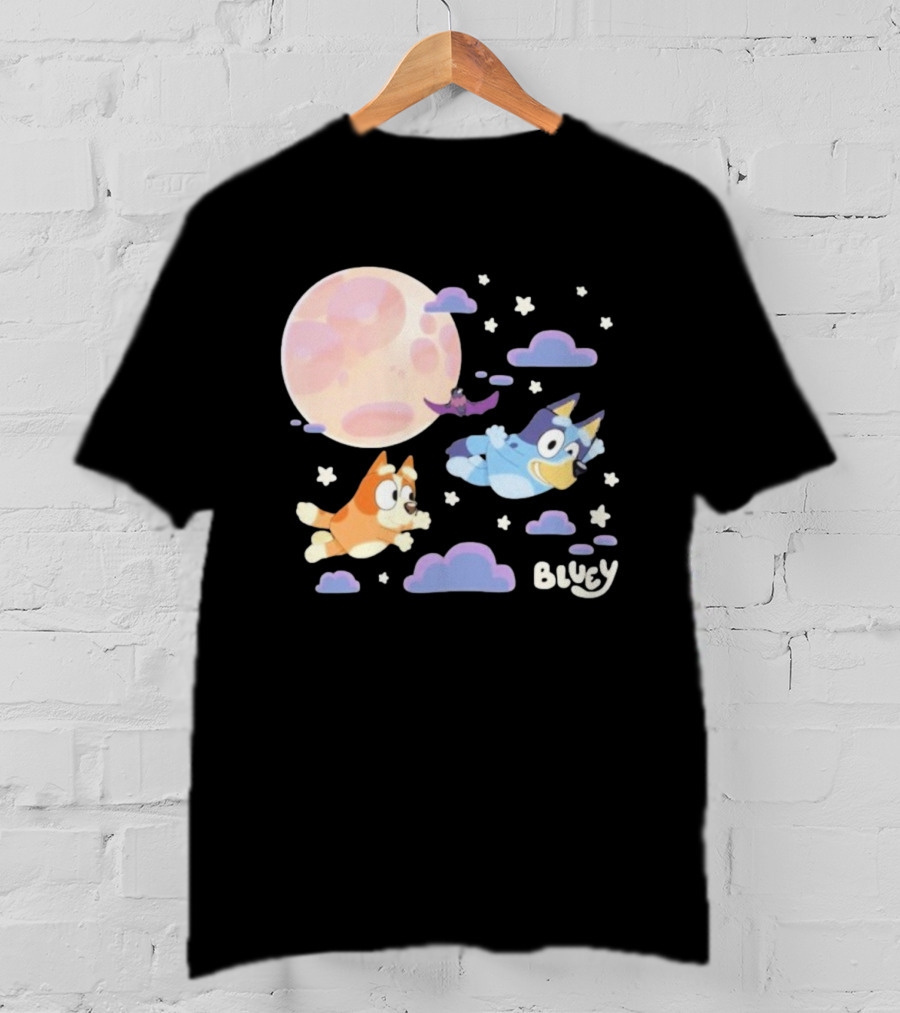 Bluey Sleepy Time Characters Flying With Moon And Stars T-Shirt