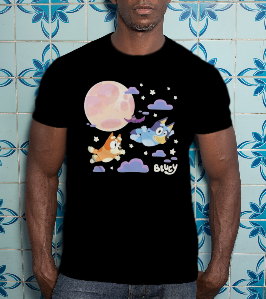 Bluey Sleepy Time Characters Flying With Moon And Stars T-Shirt