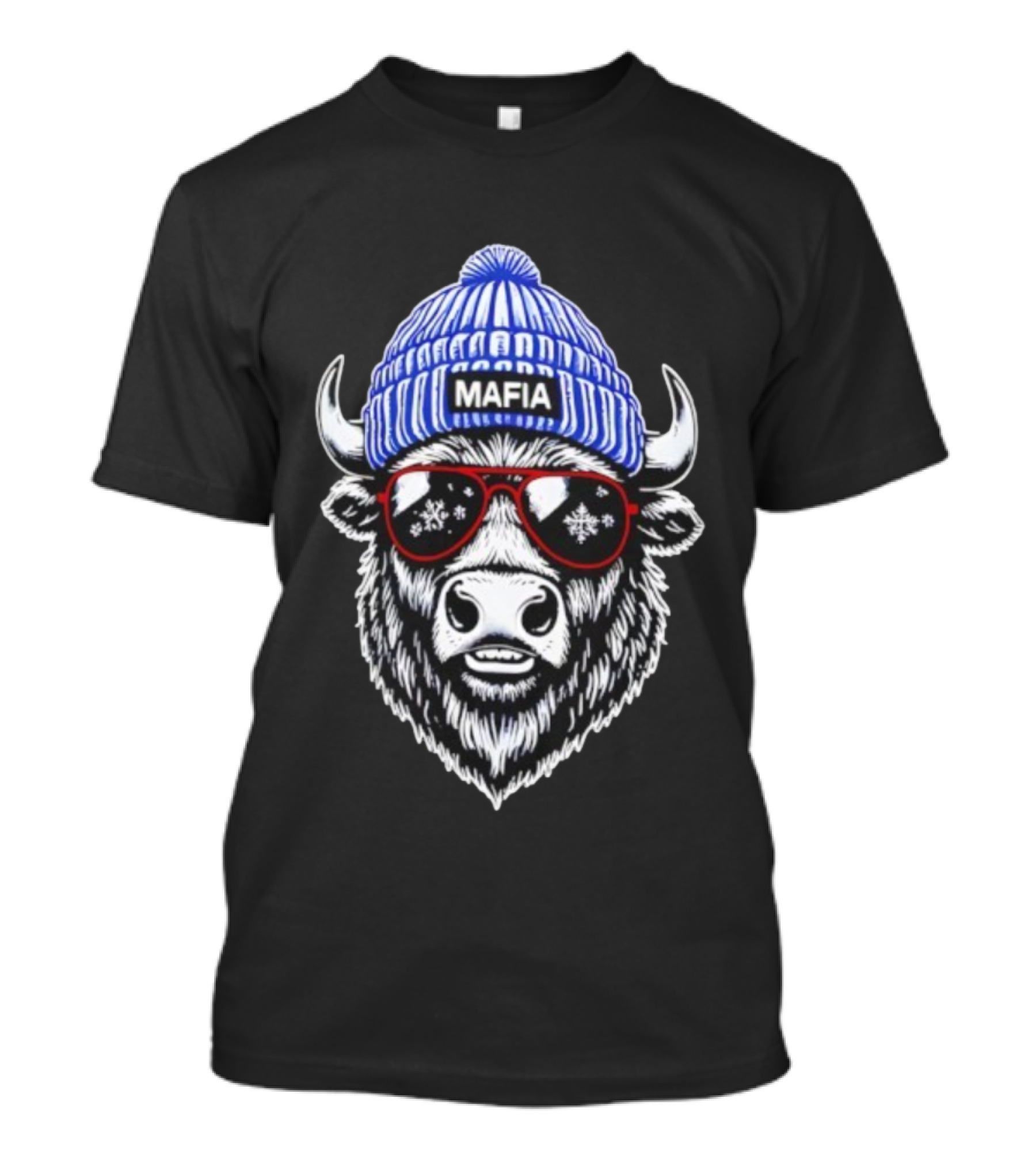 Buffalo Bills Mafia Winter Holiday Snowflake Sunglasses Knitted Hat Football Game Day T-Shirt