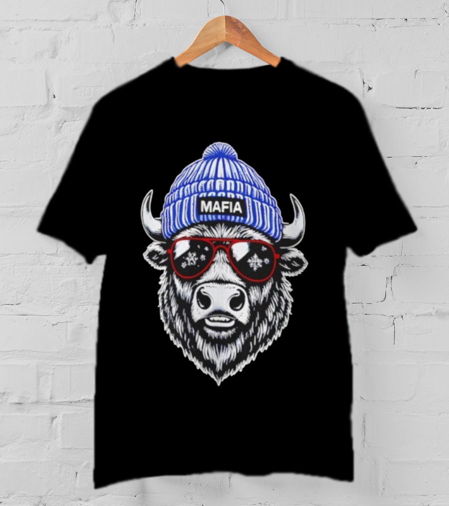Buffalo Bills Mafia Winter Holiday Snowflake Sunglasses Knitted Hat Football Game Day T-Shirt