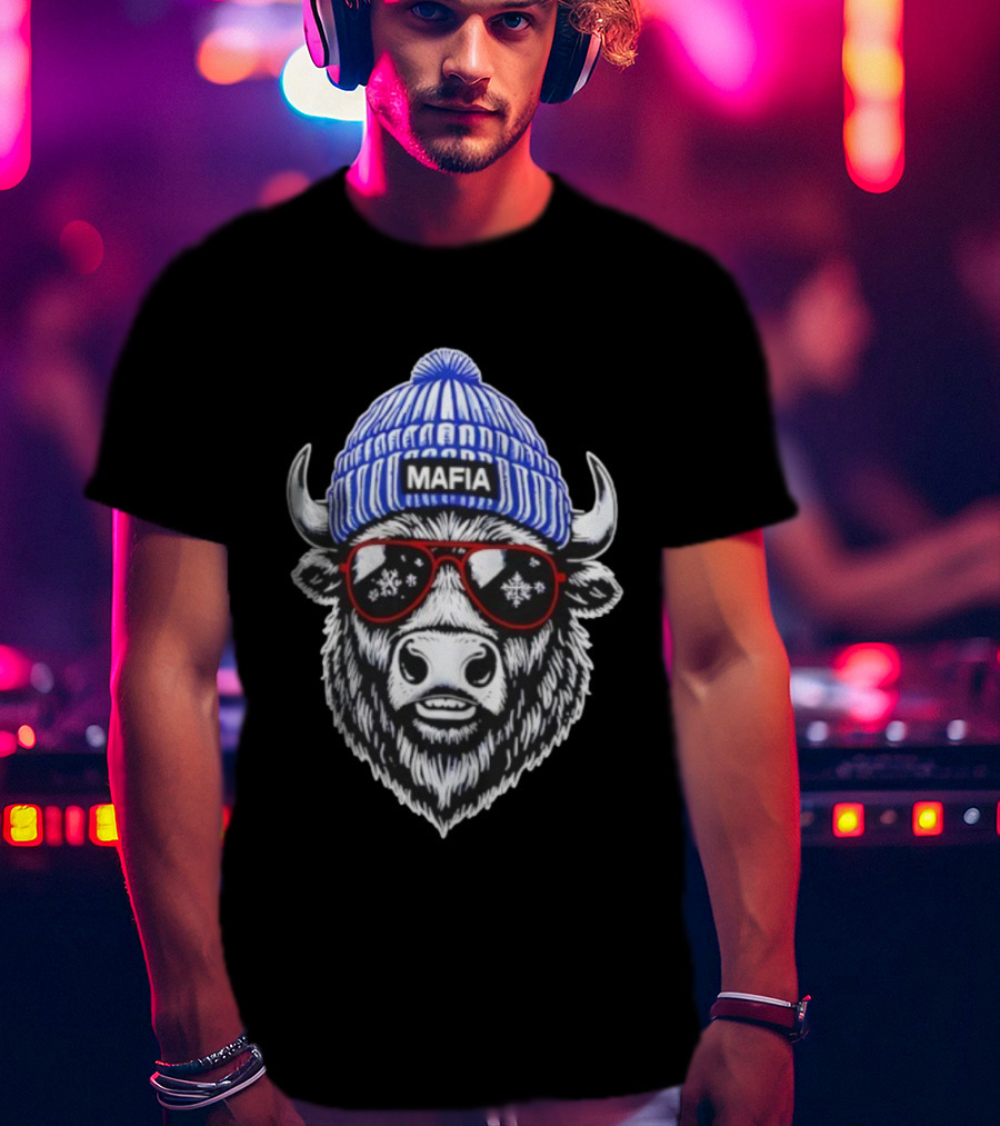 Buffalo Bills Mafia Winter Holiday Snowflake Sunglasses Knitted Hat Football Game Day T-Shirt