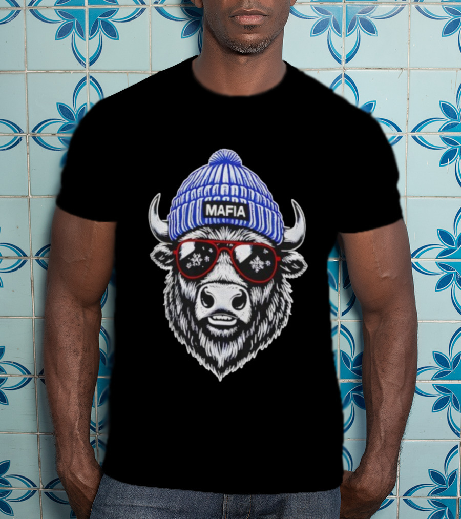 Buffalo Bills Mafia Winter Holiday Snowflake Sunglasses Knitted Hat Football Game Day T-Shirt