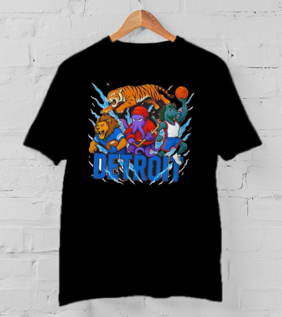 Detroit Lions Tigers Red Wings Pistons Mascots Team Spirit T-Shirt