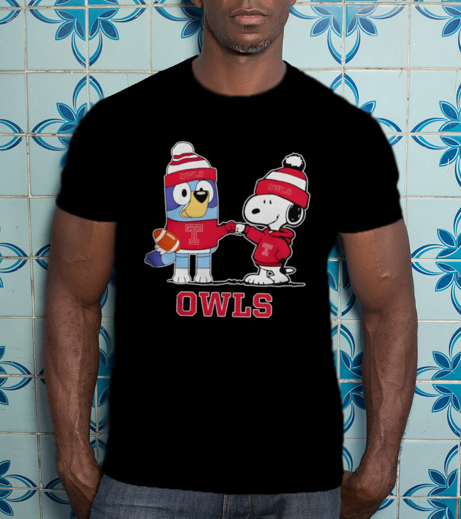 Snoopy Bluey Temple Owls Football Collaboration T-Shirt