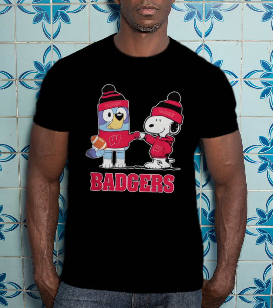 Snoopy Bluey Wisconsin Badgers Football Collaboration Fist Bump T-Shirt