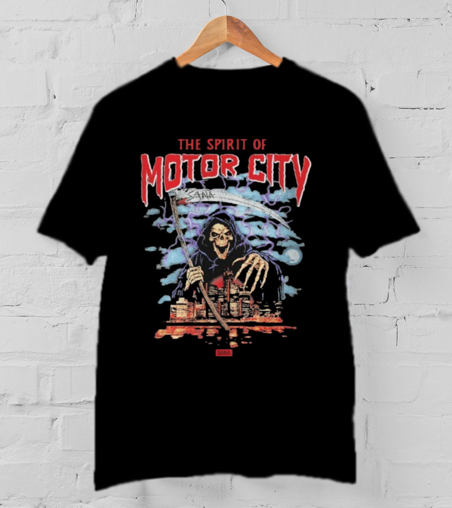 The Spirit Of Motor City Sana Grim Reaper Halloween Skeleton Scythe Urban Cityscape T-Shirt
