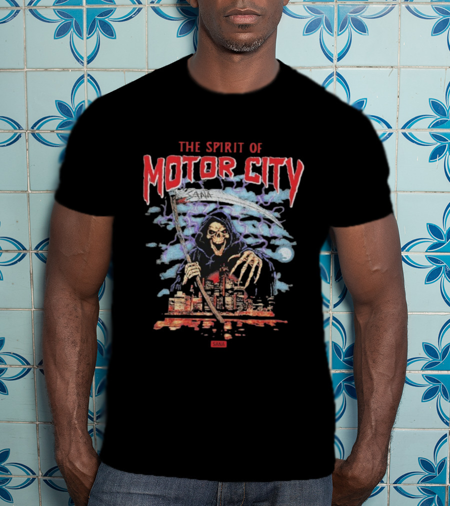 The Spirit Of Motor City Sana Grim Reaper Halloween Skeleton Scythe Urban Cityscape T-Shirt