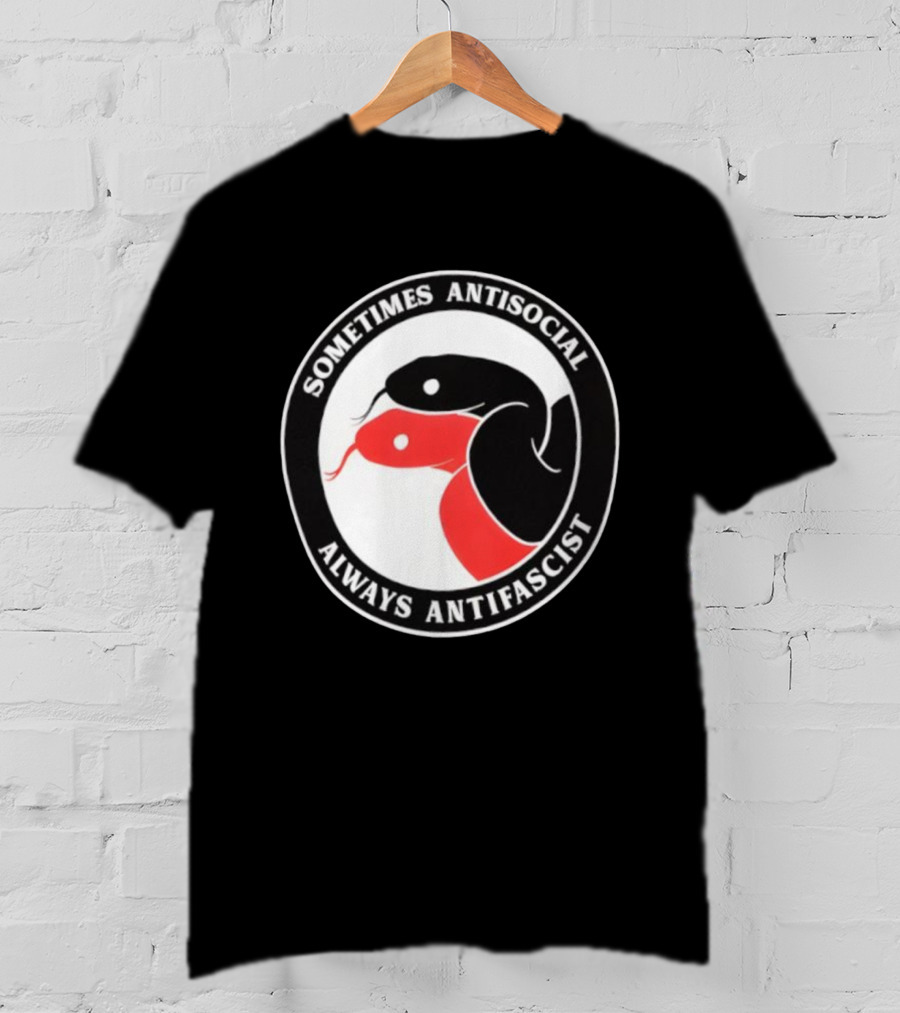 Sometimes Antisocial Always Antifascist Snakes Circle Logo Two Snakes Black And Red T-Shirt