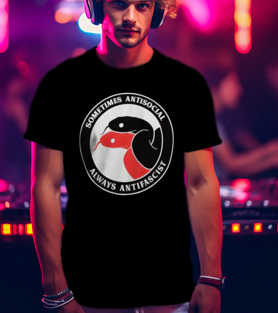 Sometimes Antisocial Always Antifascist Snakes Circle Logo Two Snakes Black And Red T-Shirt