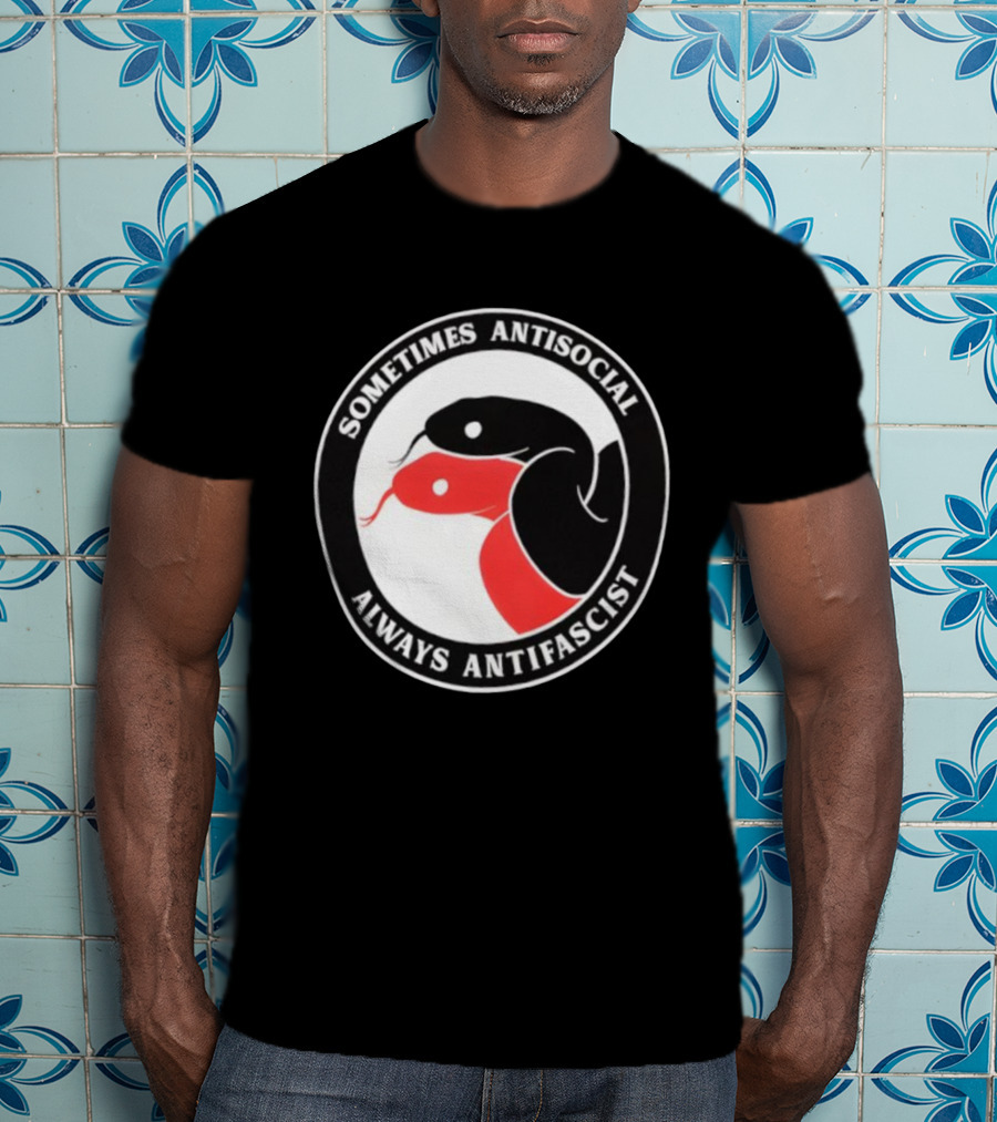 Sometimes Antisocial Always Antifascist Snakes Circle Logo Two Snakes Black And Red T-Shirt