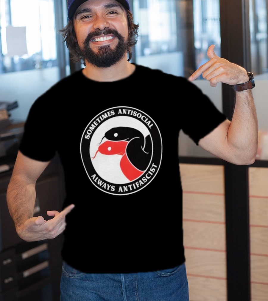 Sometimes Antisocial Always Antifascist Snakes Circle Logo Two Snakes Black And Red T-Shirt