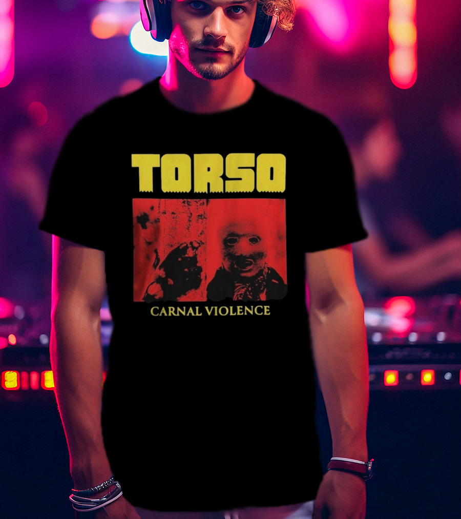 Torso Carnal Violence Horror Imagery Bold Yellow Text T-Shirt