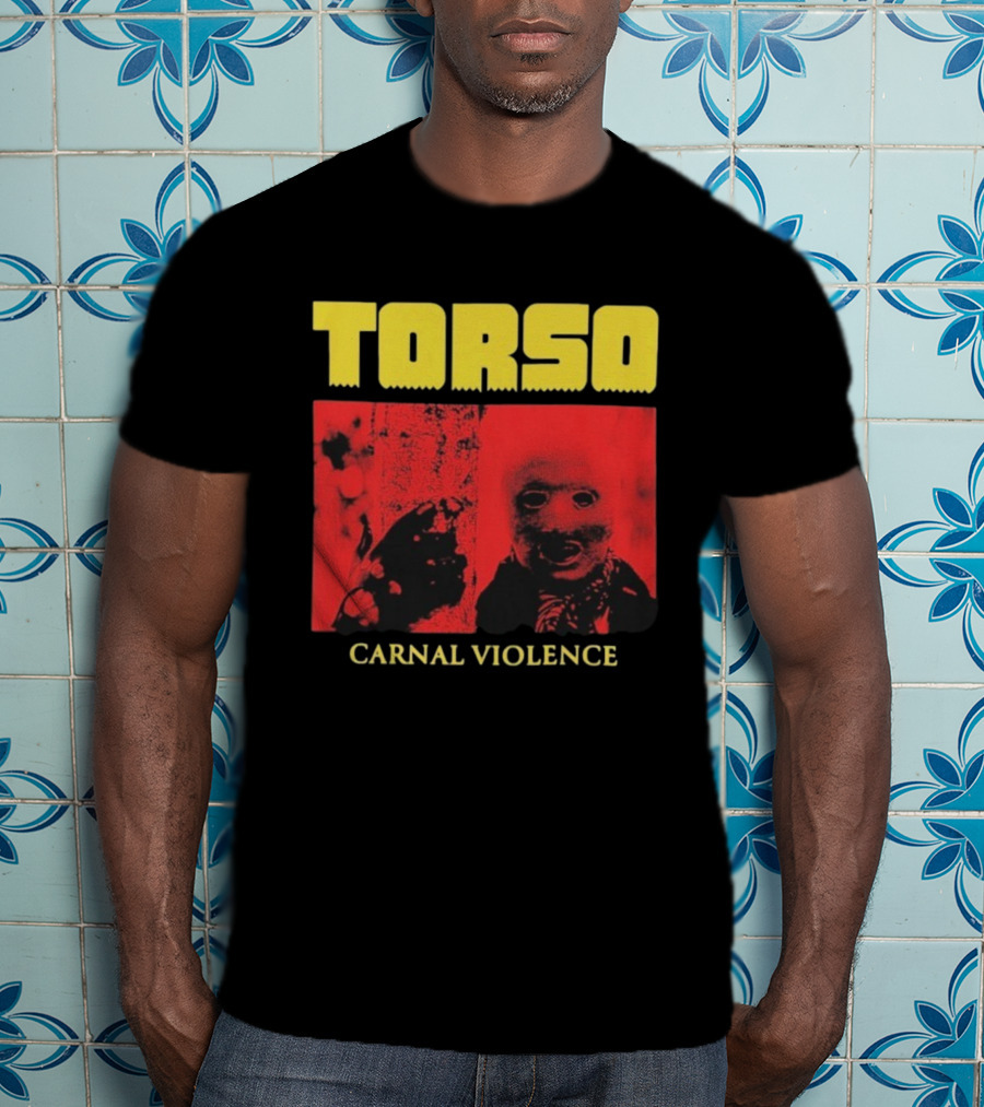 Torso Carnal Violence Horror Imagery Bold Yellow Text T-Shirt