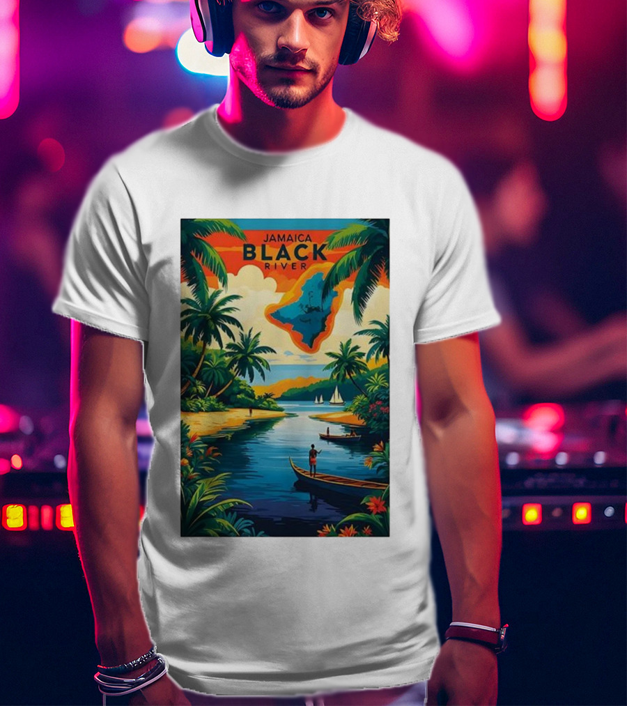 Jamaica Black River Vintage Travel Tropical Scenery With Palm Trees And Boats T-Shirt