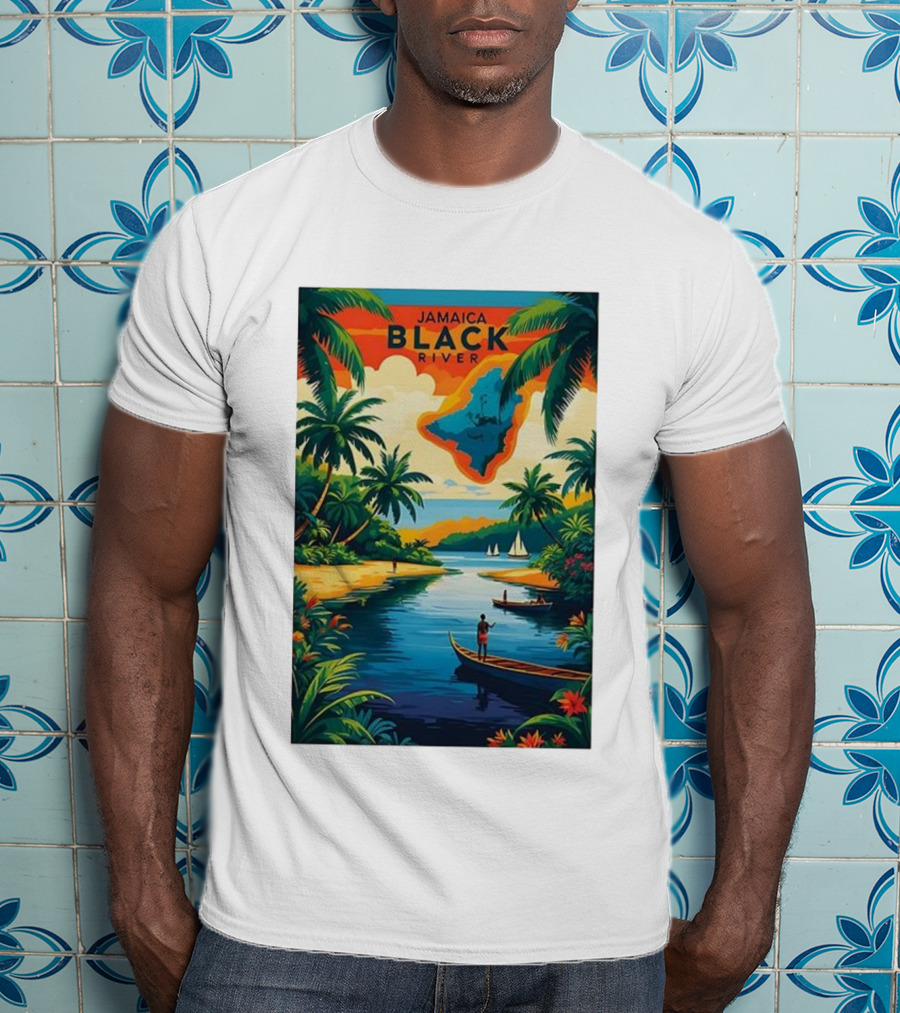 Jamaica Black River Vintage Travel Tropical Scenery With Palm Trees And Boats T-Shirt