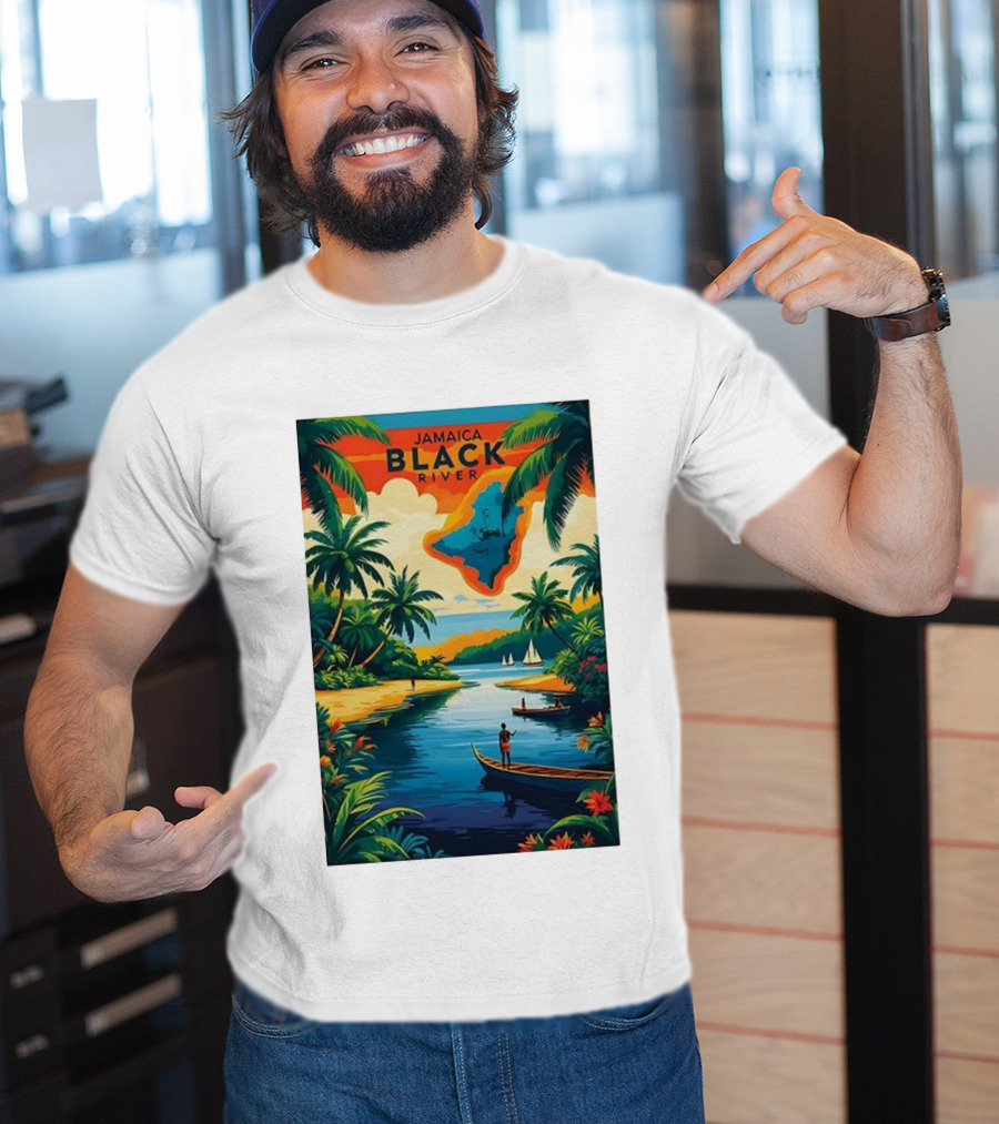 Jamaica Black River Vintage Travel Tropical Scenery With Palm Trees And Boats T-Shirt