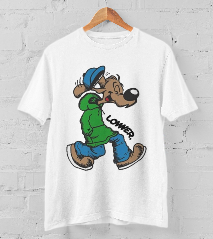 Lower Billie Hood Walkin Cartoon Character In Green And Blue Cap T-Shirt