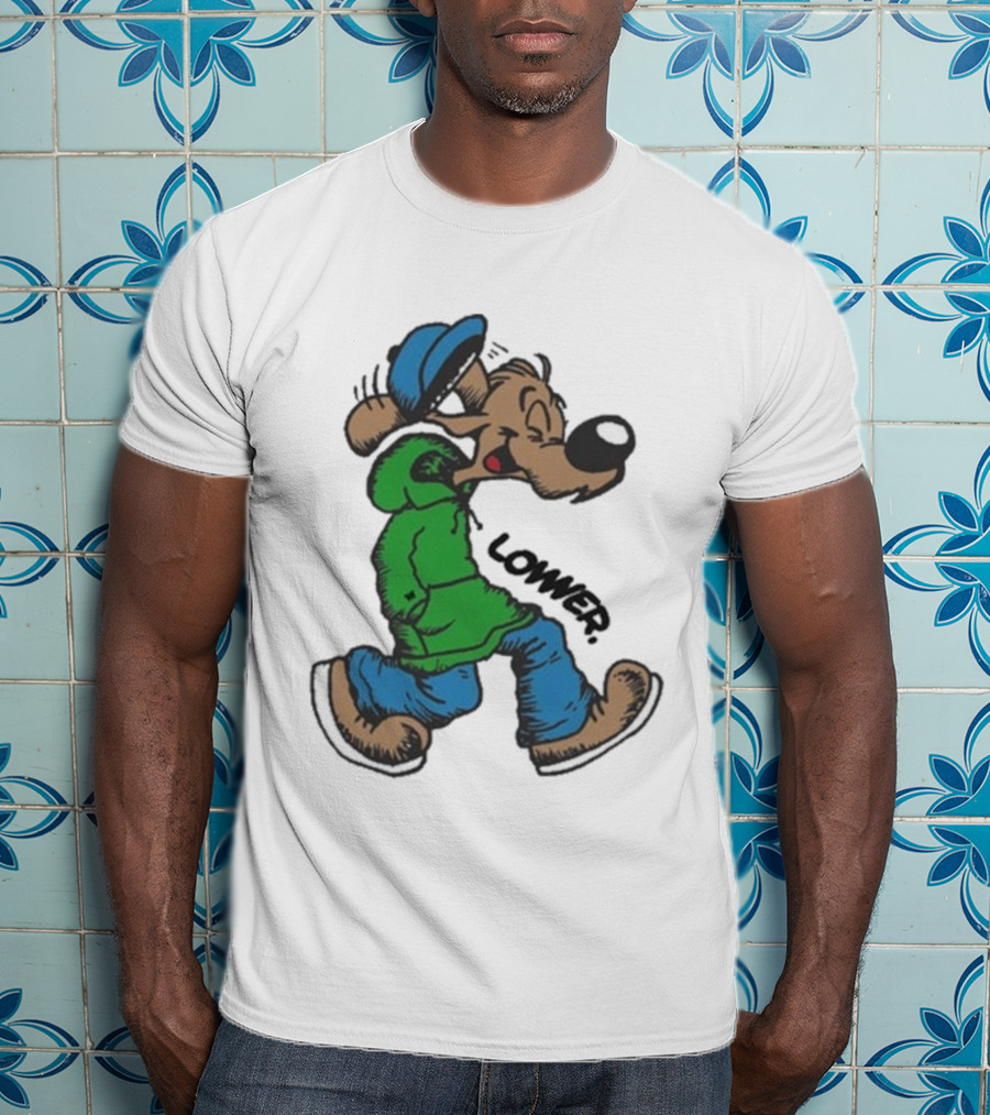 Lower Billie Hood Walkin Cartoon Character In Green And Blue Cap T-Shirt
