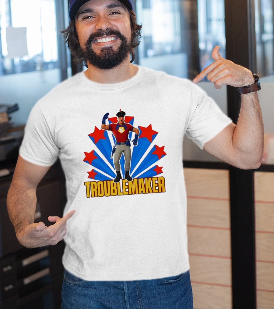 Troublemaker Character With Star Symbol And Red Blue Background T-Shirt