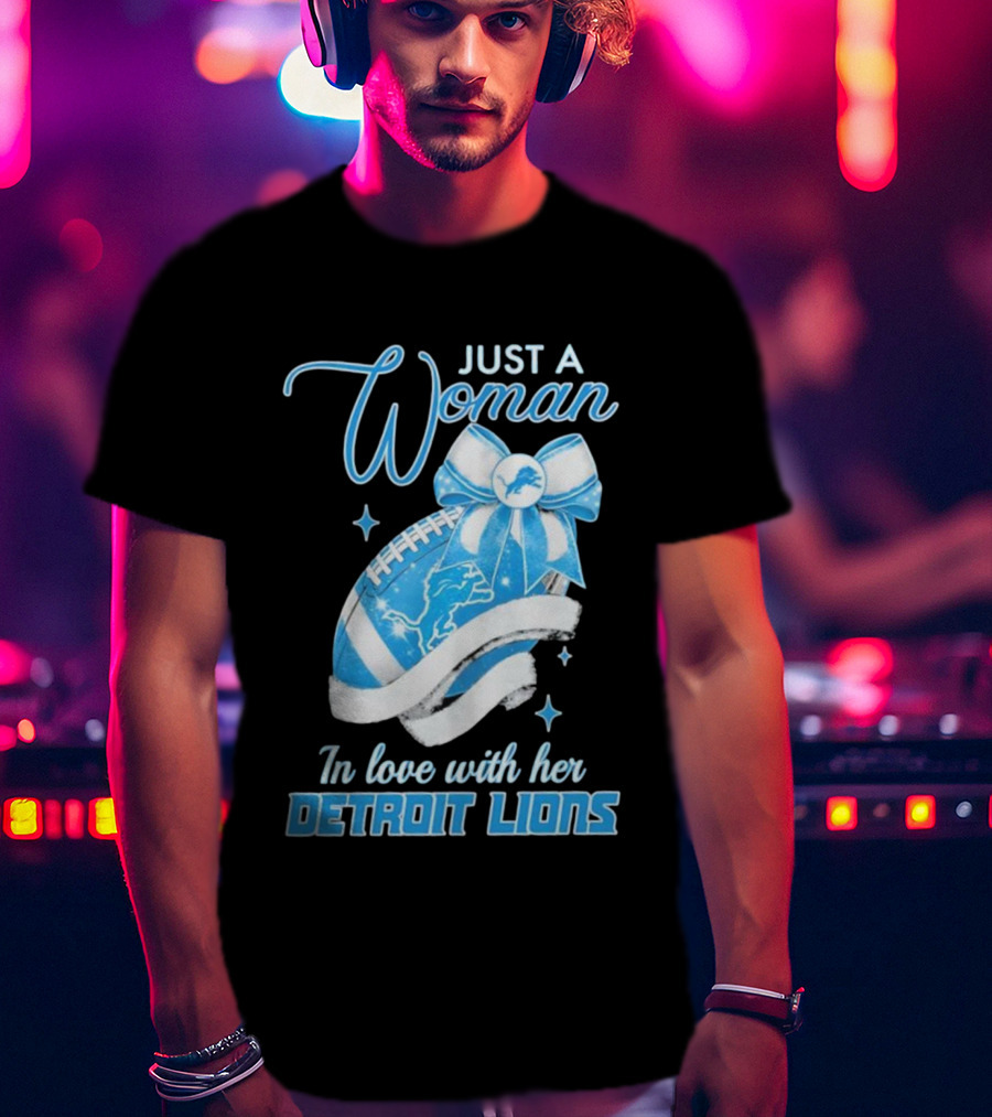 Just A Woman In Love With Her Detroit Lions Glittery Ribbon T-Shirt