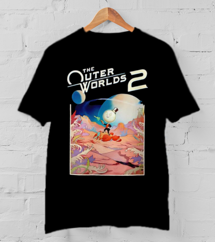 The Outer Worlds 2 Surreal Landscape With Cartoon Character T-Shirt