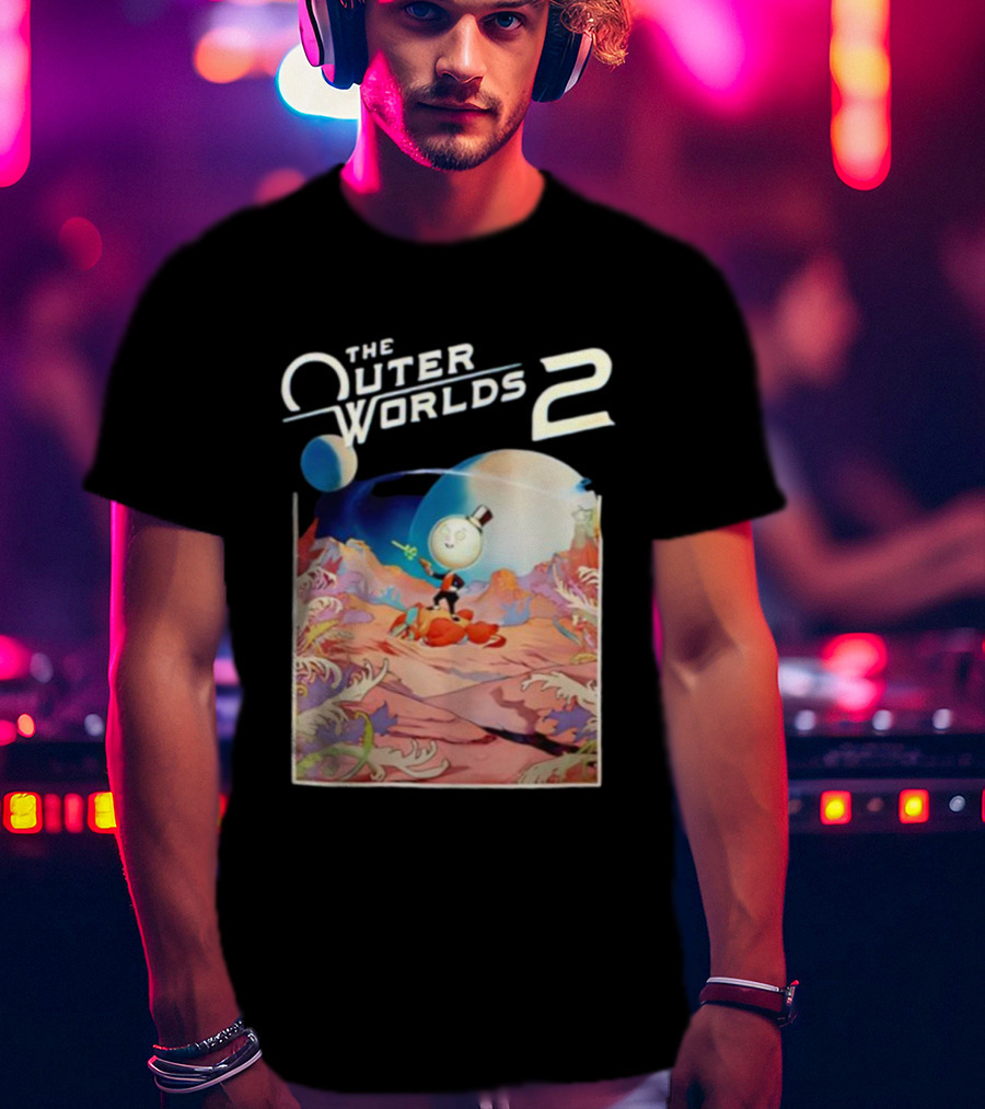 The Outer Worlds 2 Surreal Landscape With Cartoon Character T-Shirt