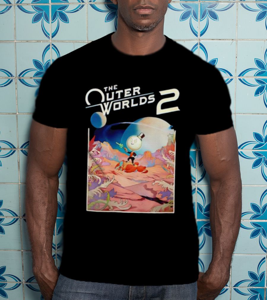 The Outer Worlds 2 Surreal Landscape With Cartoon Character T-Shirt