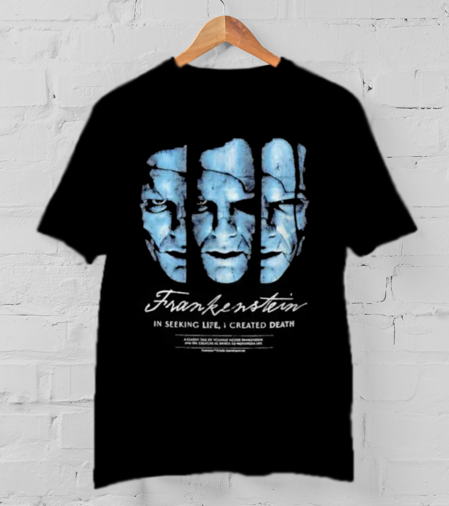 Frankenstein The Creature Seeking Life Created Death Split Face Design T-Shirt