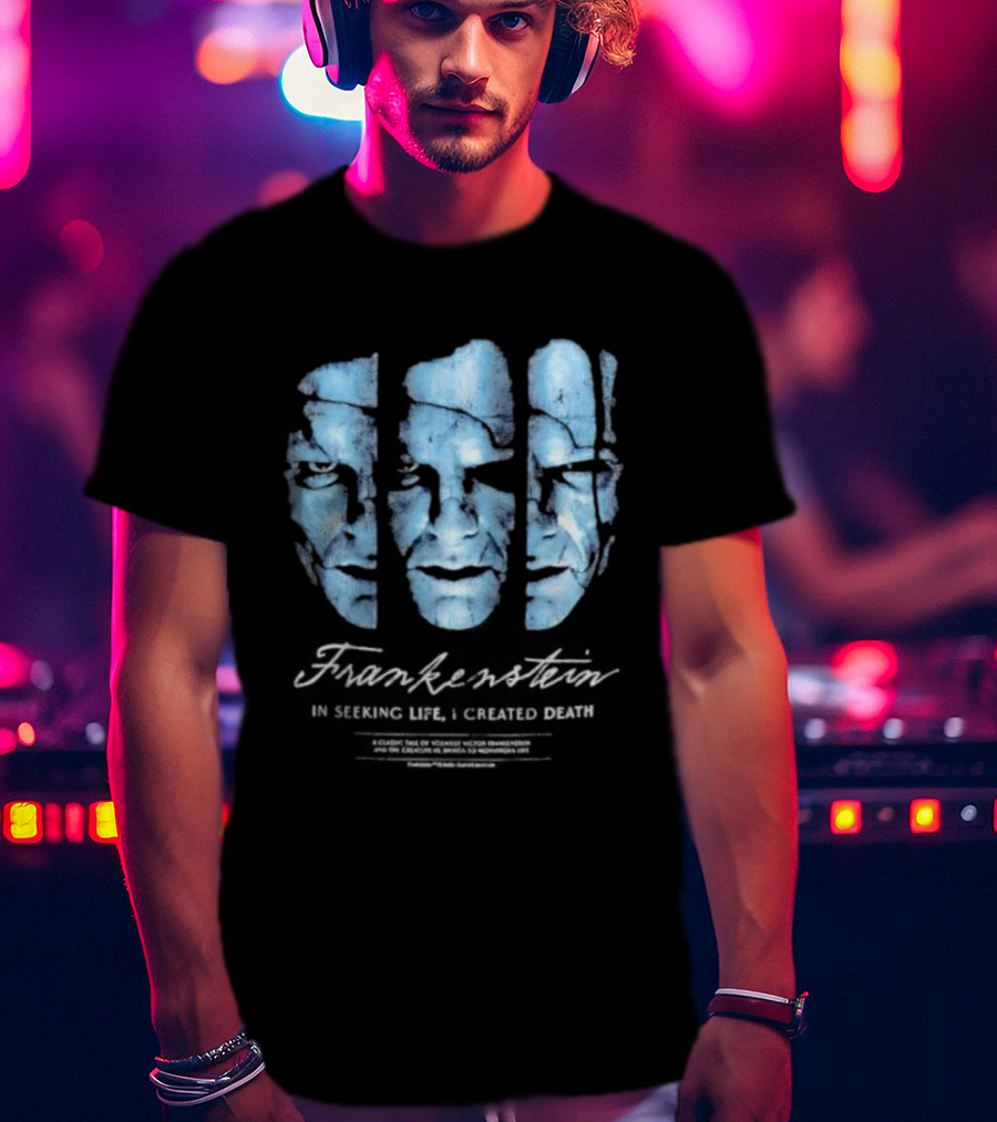Frankenstein The Creature Seeking Life Created Death Split Face Design T-Shirt