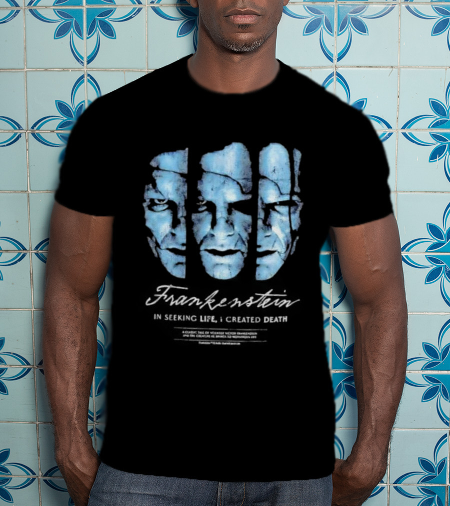 Frankenstein The Creature Seeking Life Created Death Split Face Design T-Shirt