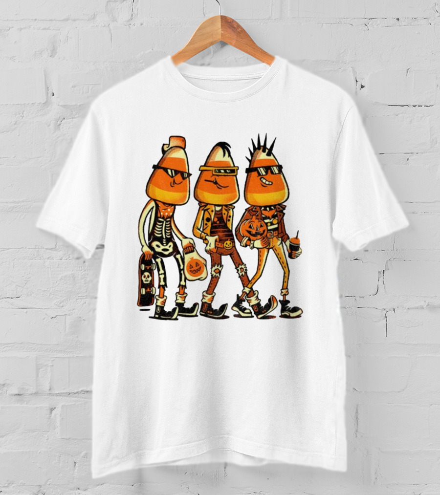 Candy Corn Punk Rock Skeleton Pumpkin Halloween Characters T-Shirt