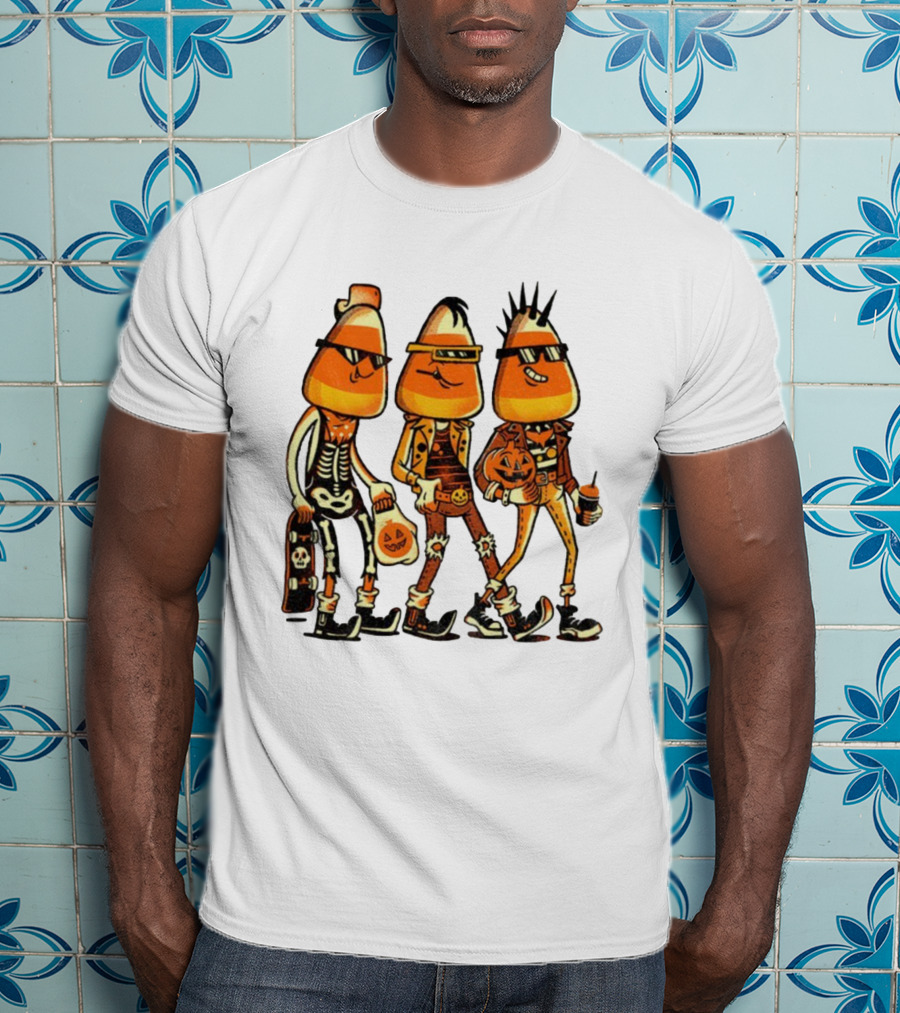 Candy Corn Punk Rock Skeleton Pumpkin Halloween Characters T-Shirt