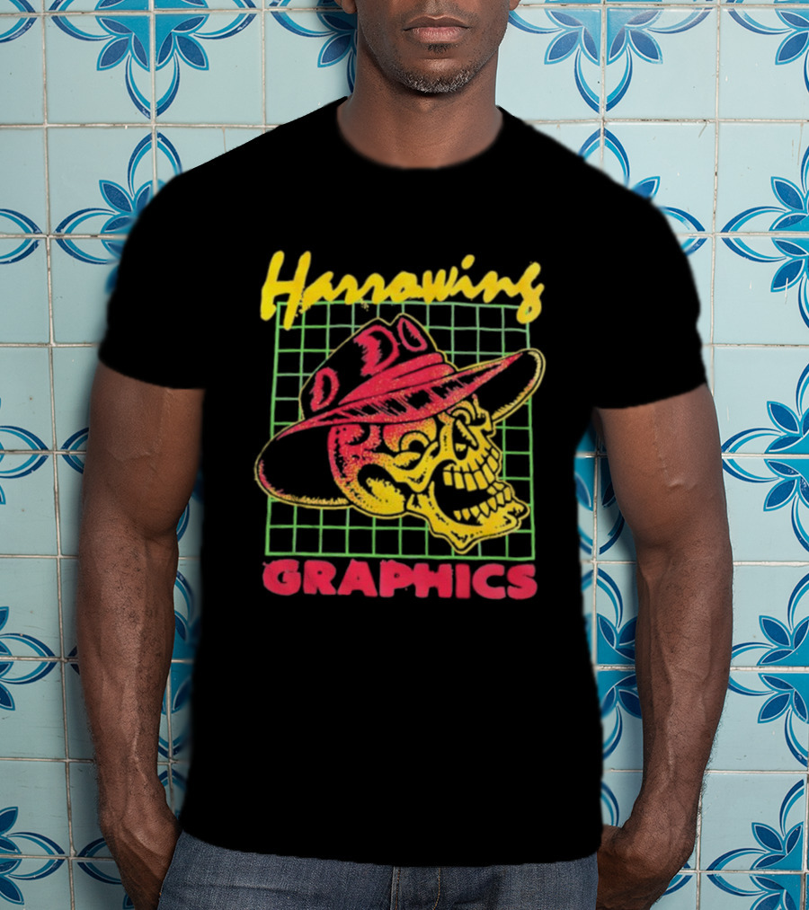Harrowing Skull Cowboy Hat Graphics Retro Neon Style T-Shirt