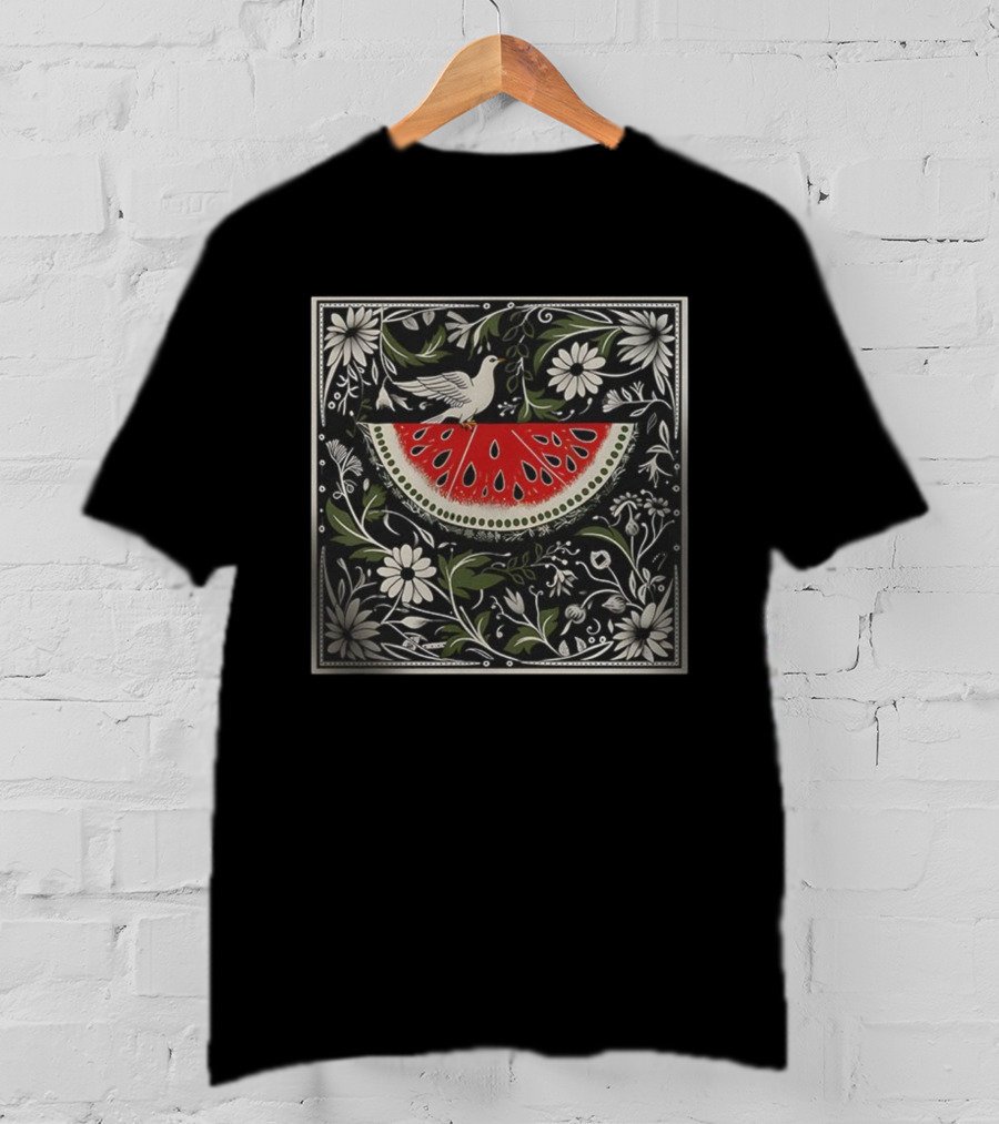 Watermelon Slice Dove Floral Pattern Palestine Solidarity T-Shirt