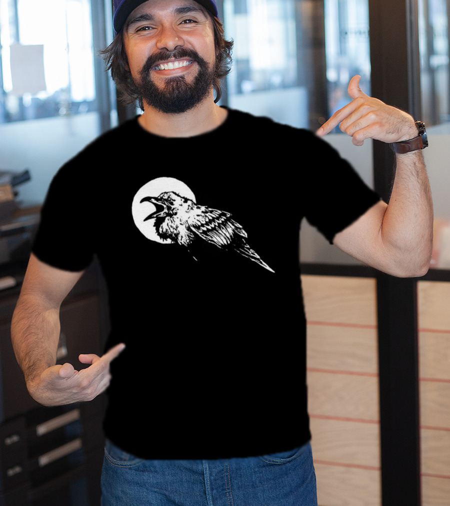 Raven Crow F Caw F Vintage Retro Bird Full Moon Silhouette In Flight T-Shirt