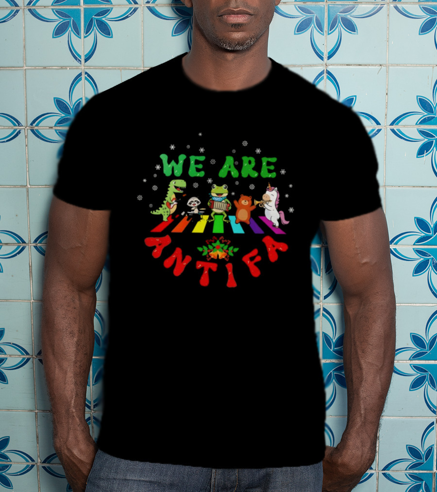 We Are Antifa Dinosaur Frog Unicorn Rainbow Christmas T-Shirt