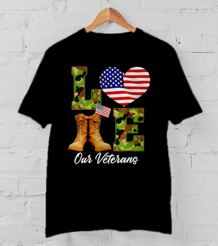 Love Veterans Day American Flag Military Camouflage Boots T-Shirt