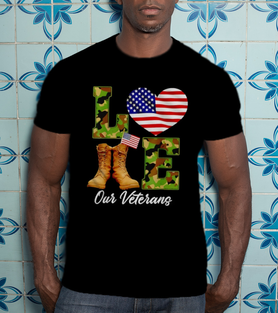 Love Veterans Day American Flag Military Camouflage Boots T-Shirt