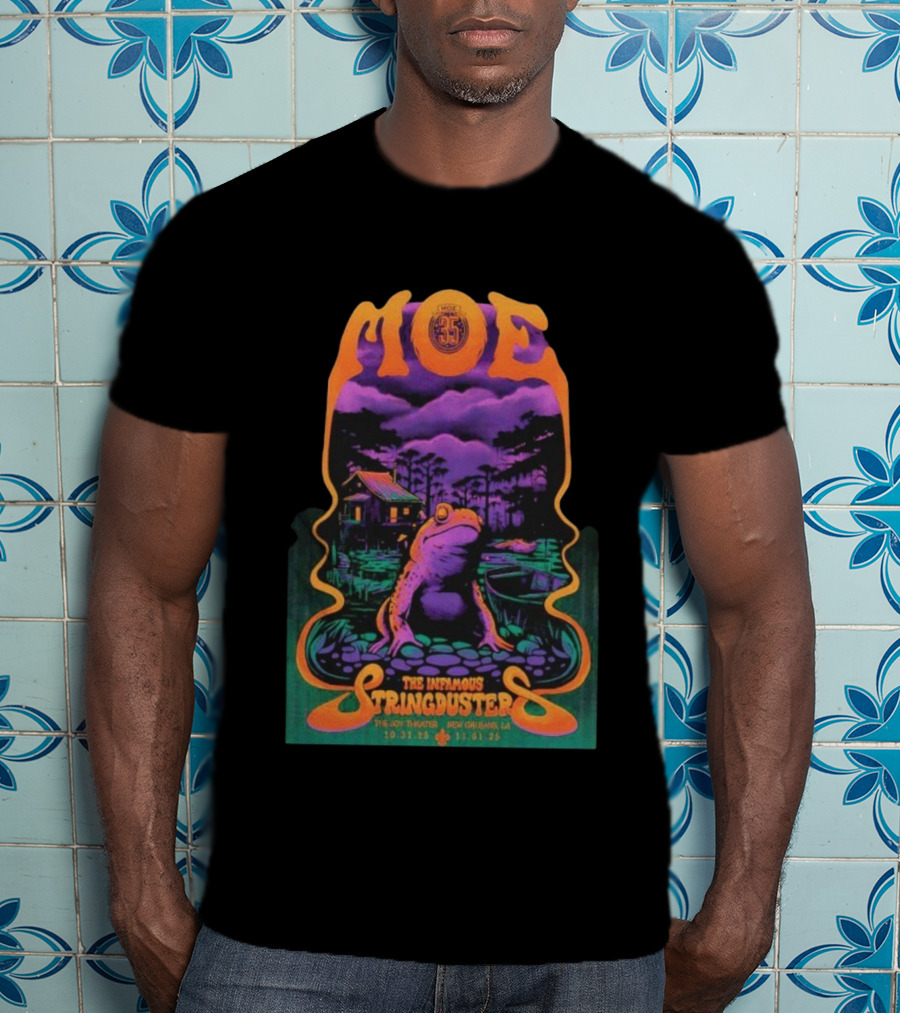Moe. The Infamous Stringduster Halloween 2025 New Orleans Joy Theater Frog Swamp Scene T-Shirt