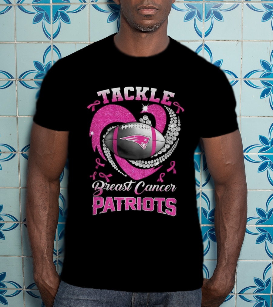 Tackle Breast Cancer New England Patriots Pink Ribbon Heart Football T-Shirt
