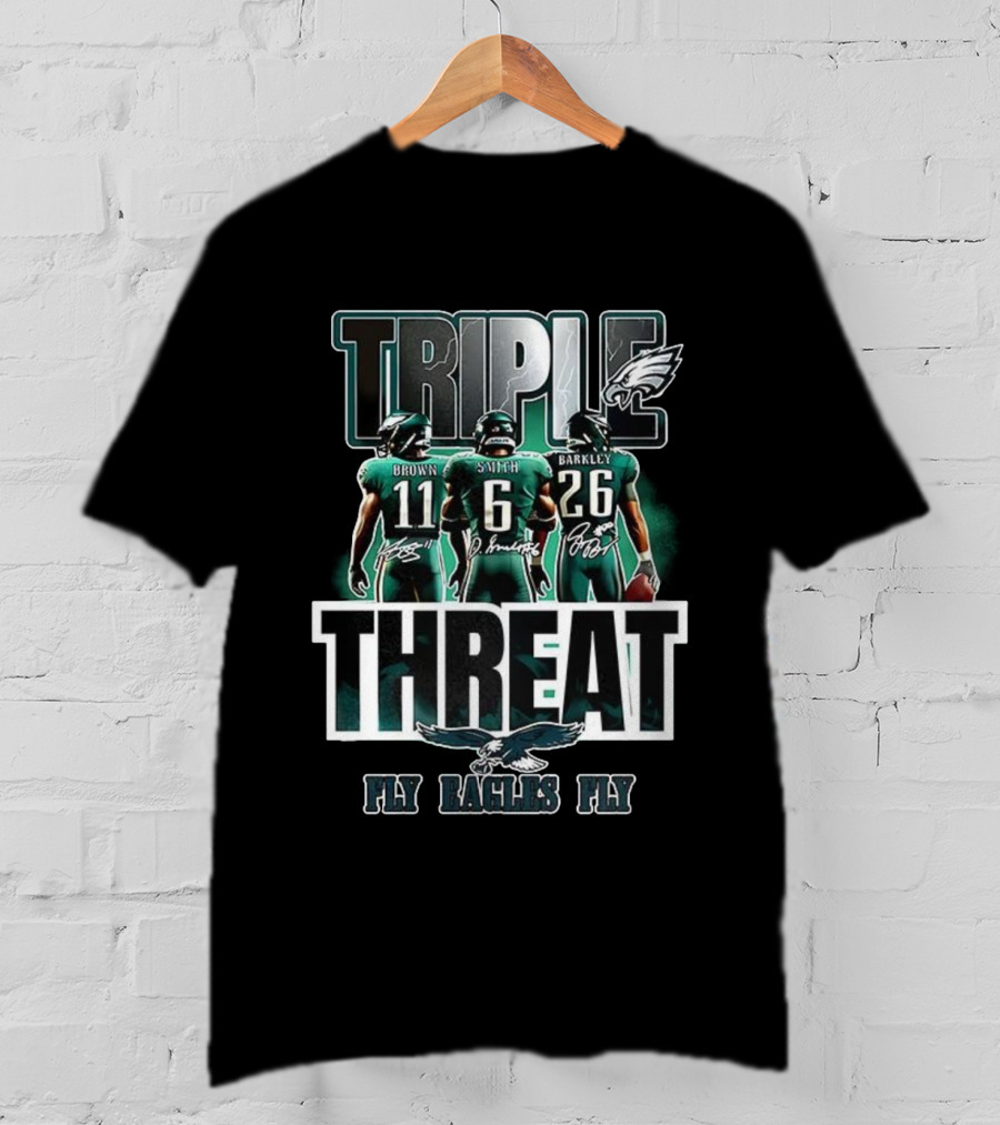 Philadelphia Eagles 2025 Triple Threat Fly Eagles Fly Brown Smith Barkley T-Shirt