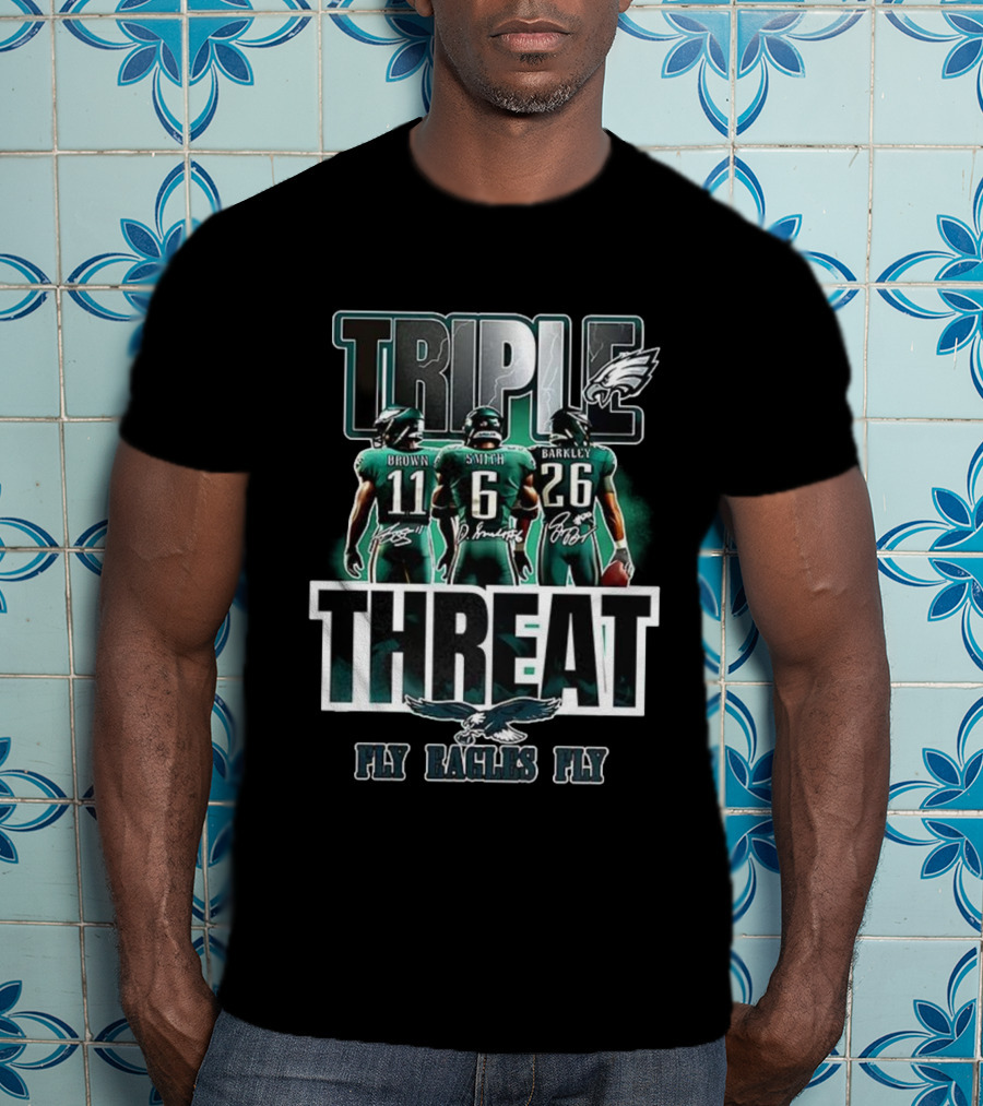 Philadelphia Eagles 2025 Triple Threat Fly Eagles Fly Brown Smith Barkley T-Shirt