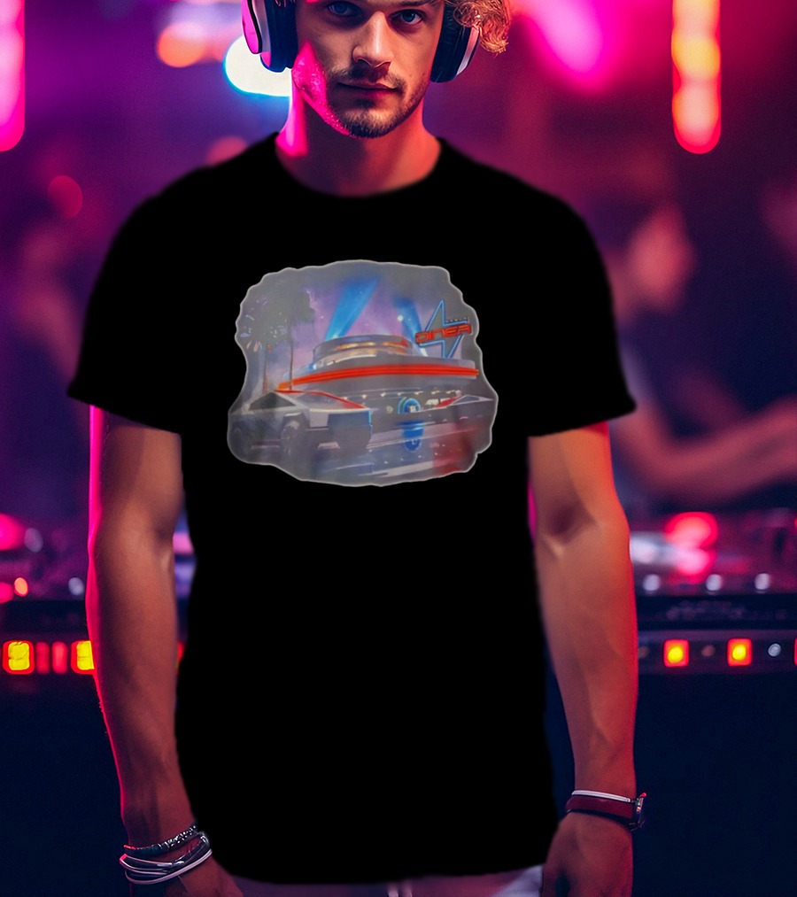 Tesla Cybertruck Hollywood Retro Diner Neon Night Scene T-Shirt