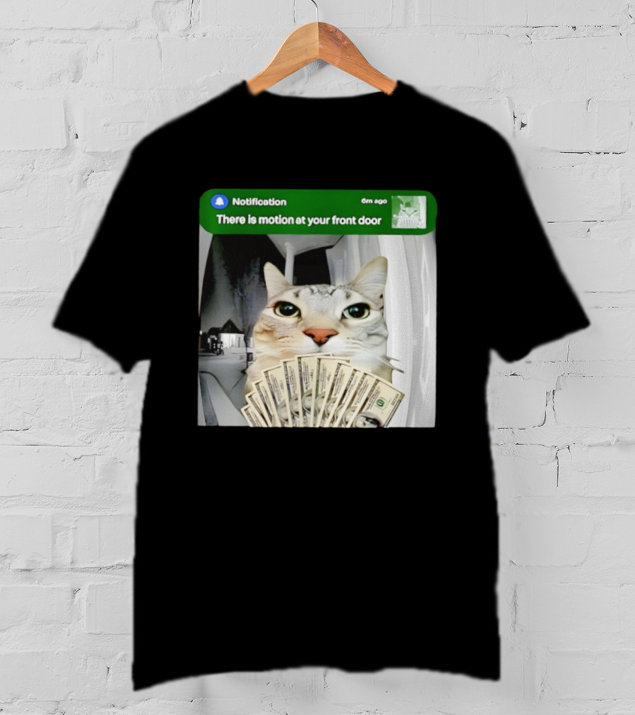 Notification Funny Cat Meme Motion At Your Front Door Money T-Shirt