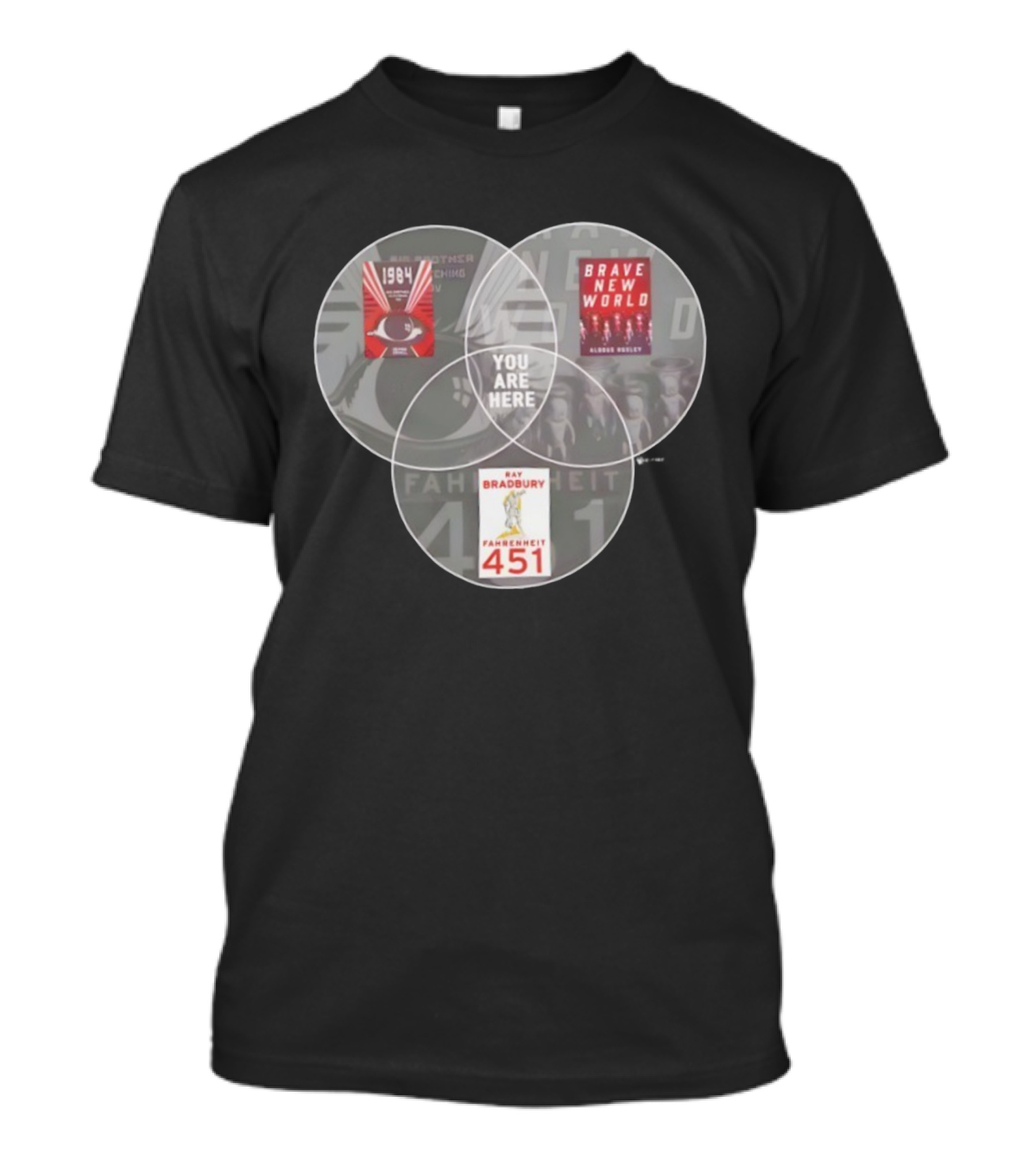 You Are Here 1984 Brave New World Fahrenheit 451 Dystopia Venn Diagram T-Shirt