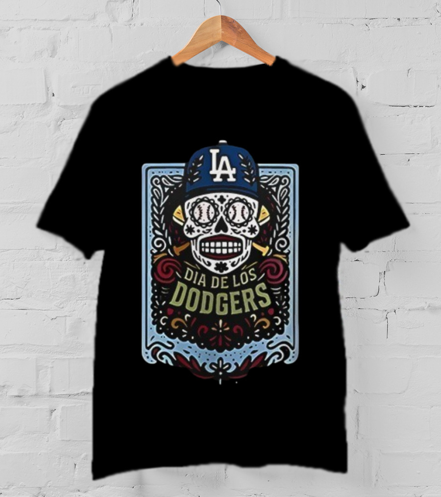 Dia De Los Dodgers LA Skull Baseball Icon T-Shirt